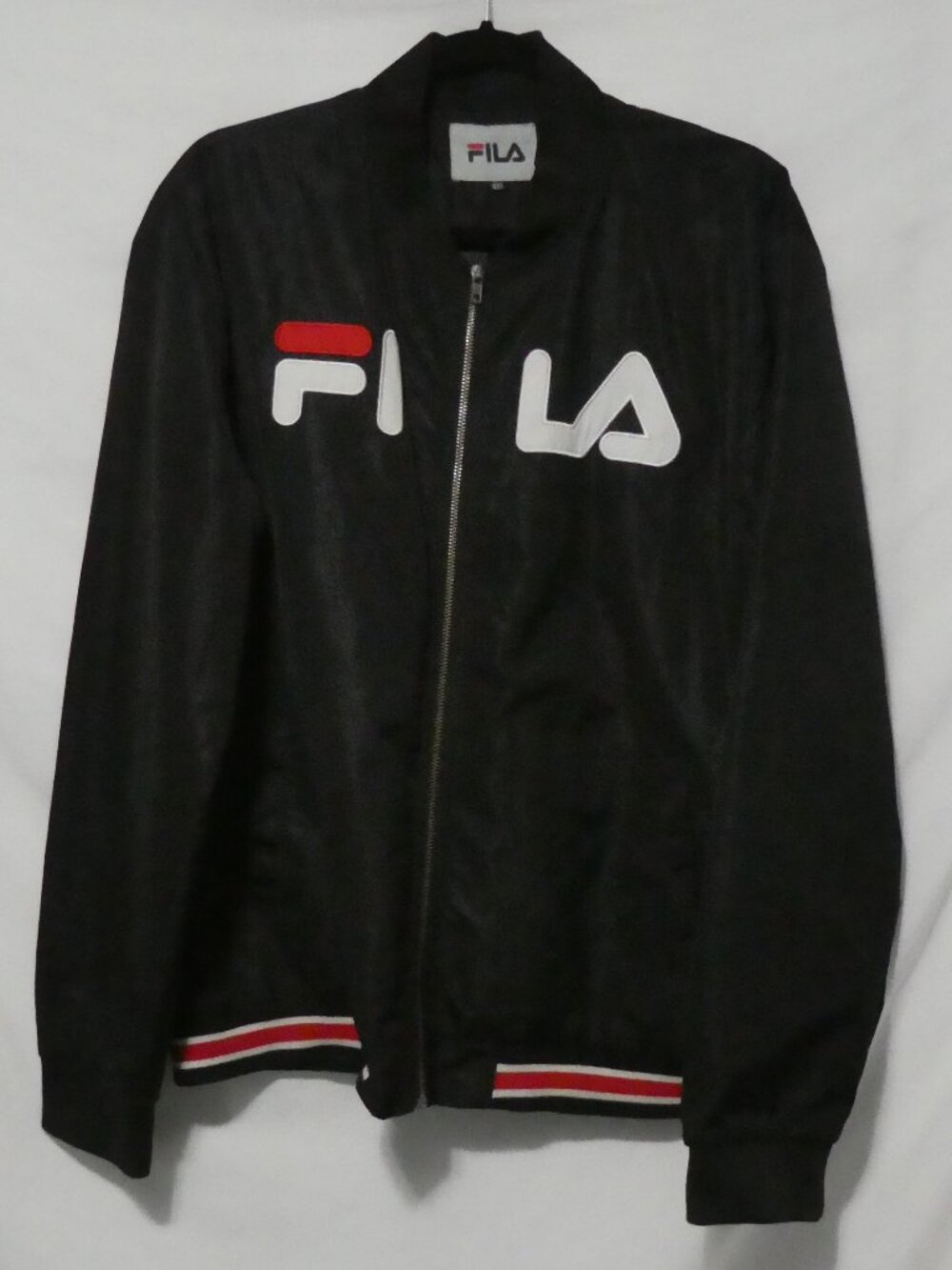 FILA Men's Big Logo Bomber Jacket Black Red White Trim - Size 4XL